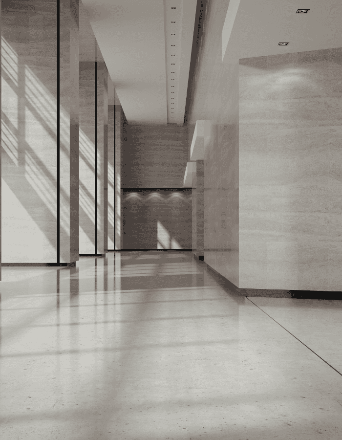 Modern polished concrete floor in a sleek commercial interior.